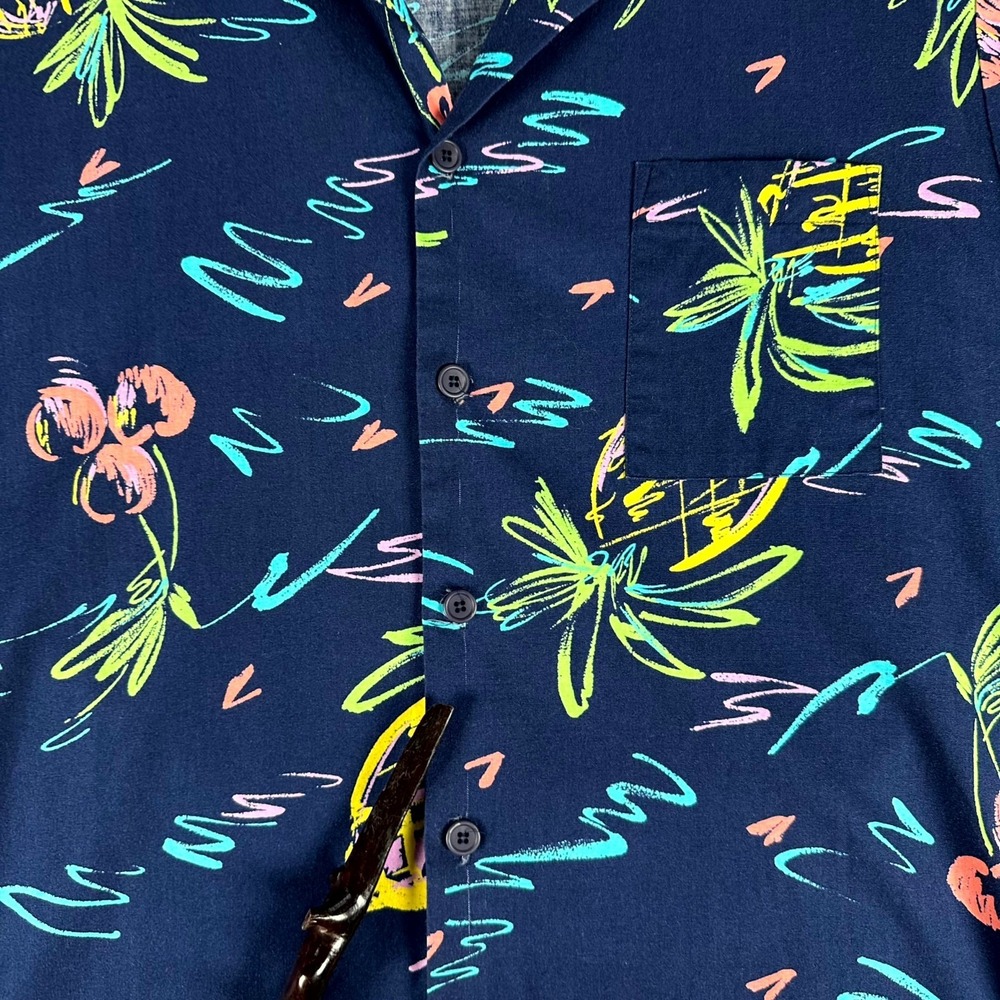 Jantzen Shirt Large Blue Zuma Beach Neon Hawaiian Pineapple Vintage Camp Collar - Picture 2 of 8